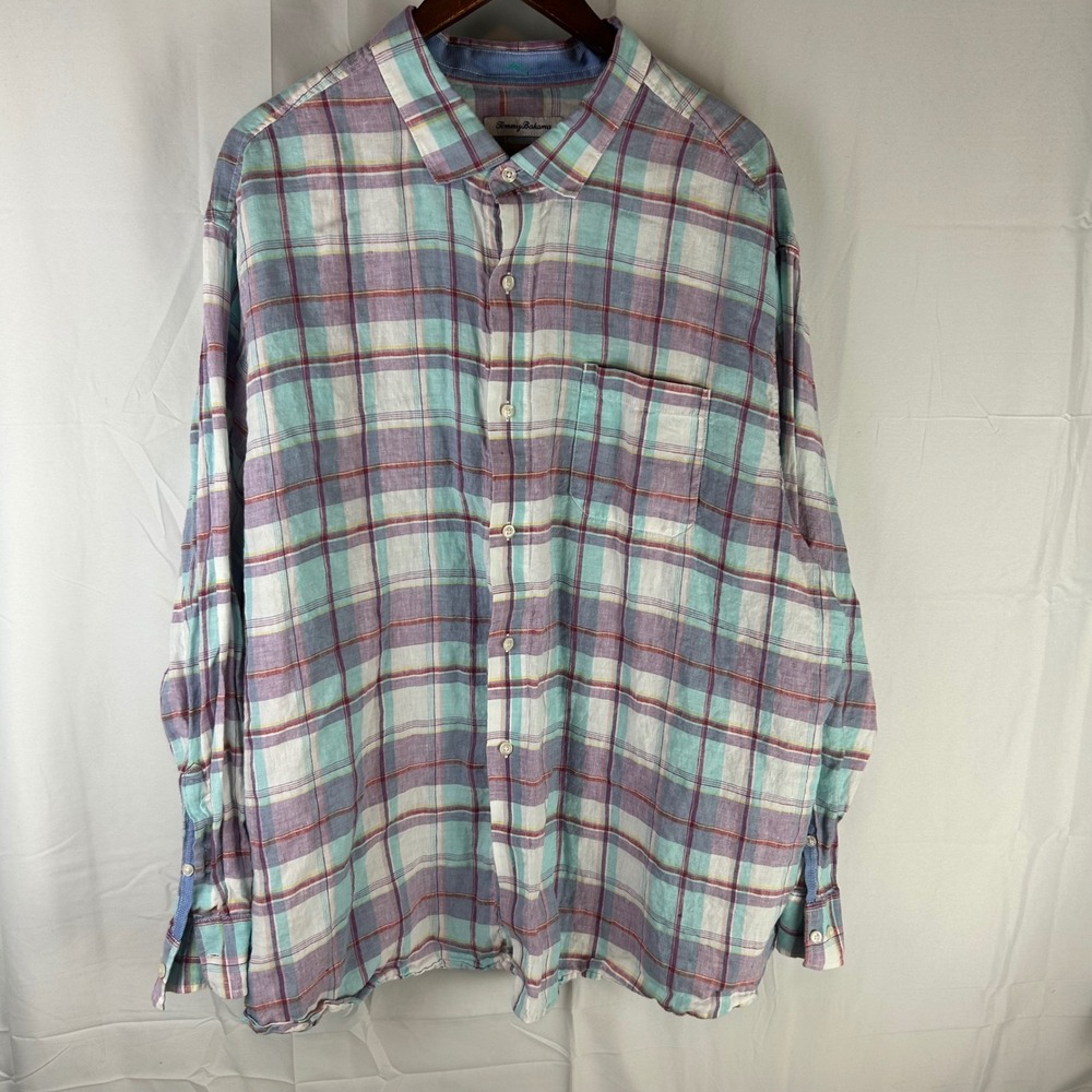 Tommy Bahama Button Up Mens 2XL Multicolor Plaid 100% Linen Long‎ Sleeve Shirt